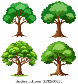 Quatro árvores de diferentes tamanhos e formas são mostradas em uma fileira. As árvores estão todas verdes e têm folhas. As árvores estão dispostas de forma que pareçam estar crescendo em uma floresta