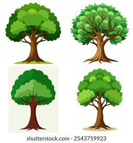 Four trees of different sizes and shapes are shown in a row. The trees are all green and have leaves. The trees are all different sizes and shapes, with some being taller and wider than others