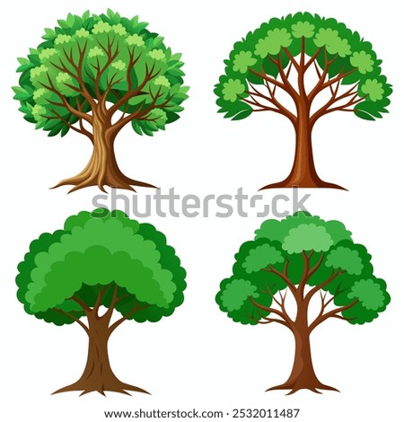 Four trees of different sizes and shapes are shown in a row. The trees are all green and have leaves. The trees are arranged in a way that they look like they are growing in a line