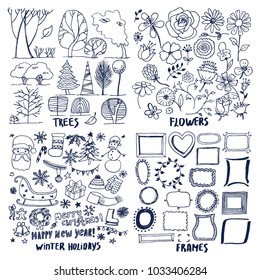 Four trees flowers winter holidays frames cards vector illustration with lot of hand drawn templates, font text, firs santa snowman wreath roses gifts