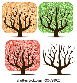 Four trees with green, red, yellow leaves and without leaves. Vector illustration isolated on a white background