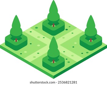 Four trees growing in a square green park divided by paths forming a cross, creating a peaceful and geometric landscape