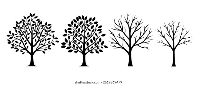 Four trees silhouette vector illustration, two with leaves, and two without, representing different stages of growth. Ideal for nature, seasons, and environmental concepts.