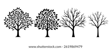 Four trees silhouette vector illustration, two with leaves, and two without, representing different stages of growth. Ideal for nature, seasons, and environmental concepts.