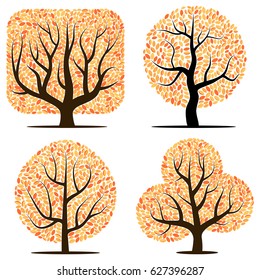Four trees with yellow leaves isolated on a white background