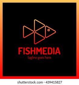 Four triangle fish media logo. Animal Play button logotype orange outline color