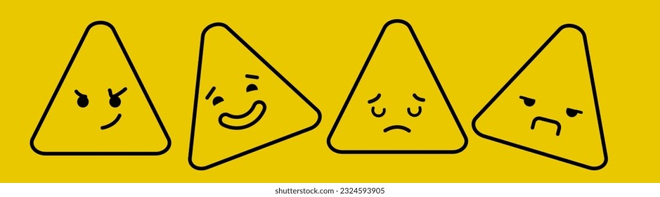 Four triangular emotions on a yellow background experience different feelings, four triangular faces in different moods. Vector graphics. Illustration in EPS 10