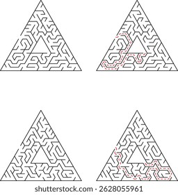 Four triangular maze puzzles featuring paths with solutions for problem solving concepts