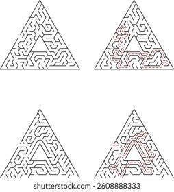 Four triangular mazes illustrate a stepbystep solution. The dashed line shows the path from entry to exit within the complex maze structure.