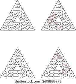 Four triangular mazes illustrate a stepbystep solution. The solution path is highlighted in pinkred, showing progression from unsolved to solved.