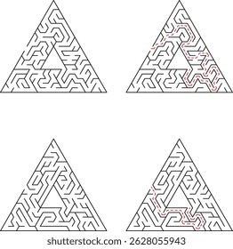 Four triangular mazes showing different paths to solutions conceptualizing problem solving and success
