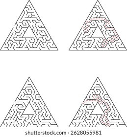 Four triangular mazes two with marked solutions against a white background concept