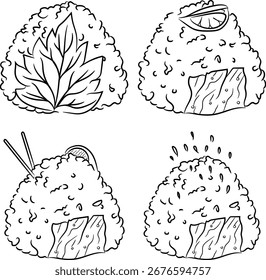 Vier dreieckige Onigiri (japanische Reisbälle) mit verschiedenen Belägen