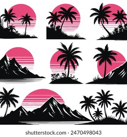Four tropical scenes: palm trees, mountains, and pink sun silhouettes