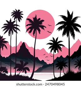 Four tropical scenes: palm trees, mountains, and pink sun silhouettes