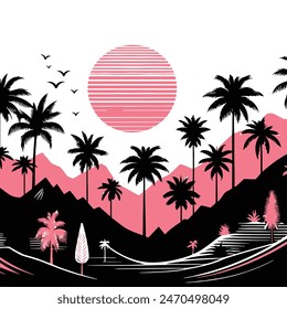 Four tropical scenes: palm trees, mountains, and pink sun silhouettes