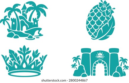 Four tropical-themed designs featuring a castle, pineapple, crown, and archway with palm trees
