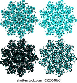 Four turquoise-black snowflakes with a contour and without a contour