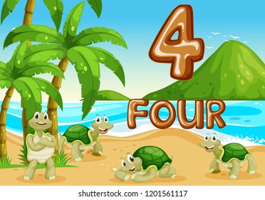 Four turtle at the beach illustration