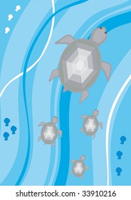 The four turtles float in depth of the sea. Vector illustrations.