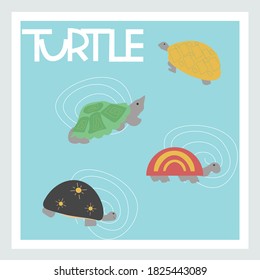 Four turtles on a blue background