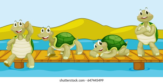 Four turtles on wooden bridge illustration