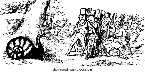 Four and Twenty Tailors, this scene shows tailors went to kill snail with seizer, and snail put out her horns, and some tailors running away from snail, vintage line drawing or engraving illustration
