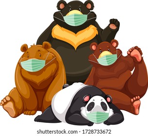Four type of bear cartoon character wearing mask illustration