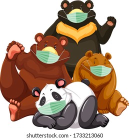 Four type of bear cartoon character wearing mask illustration