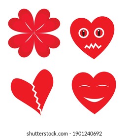 Cuatro tipos de diseños de corazón, corazón roto, corazón feliz, corazón floral y abundante.