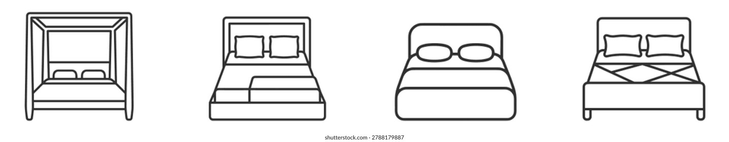 four types of black outline bed icons including canopy bed platform bed and modern bed on transparent background