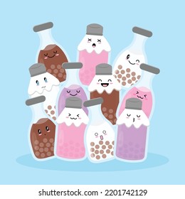 four types of boba drinks such as blueberry, strawberry, vanilla, chocolate flavors with doodle style. 