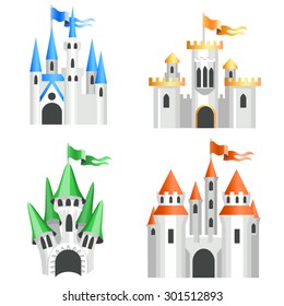 Four types of cartoon castles / There are four cartoon castles in different types. Each castle with its own color of roofs