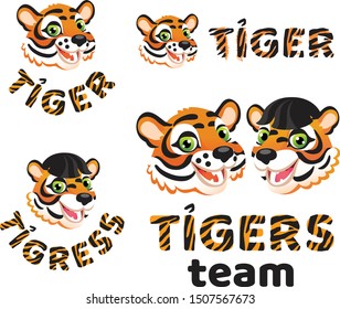 Four types of cartoon logos with tiger and tigress head and text