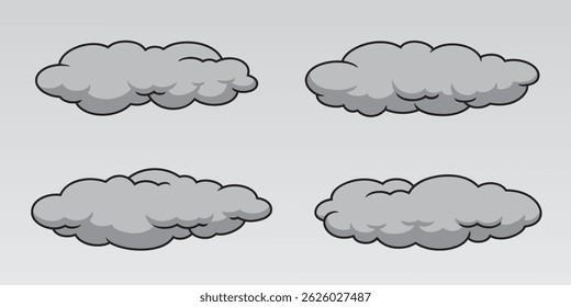 Quatro tipos de nuvens nubladas (Nimbostratus) em céu cinza, ilustração vetorial isolado, eps