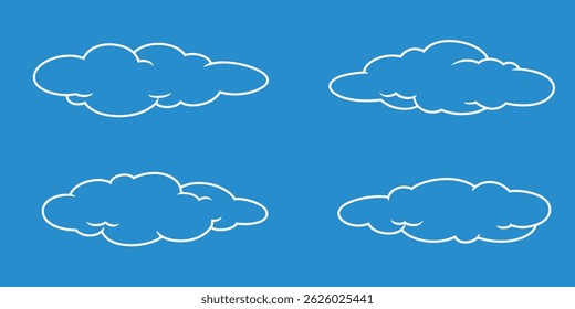 Four Types of Cartoon Stratocumulus Clouds in White Outline on Blue Sky, vector Illustration isolated, eps