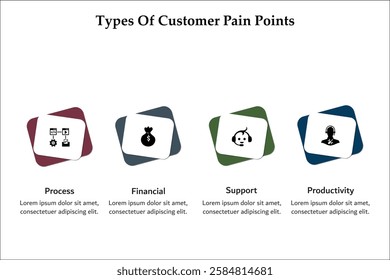 Four types of customer pain points - process, financial, support, productivity. Infographic template with icons and description placeholder