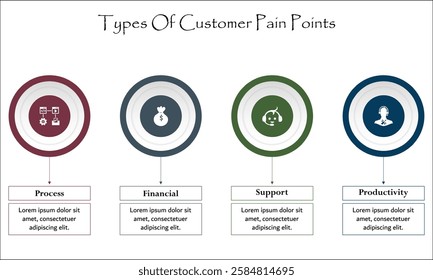 Four types of customer pain points - process, financial, support, productivity. Infographic template with icons and description placeholder