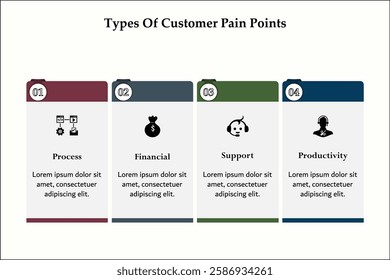 Four types of customer pain points - process, financial, support, productivity. Infographic template with icons and description placeholder