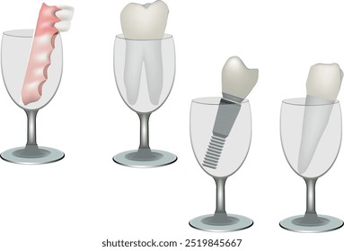 Four types of dental prostheses soaking in glasses, representing different solutions for missing teeth