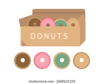 Four types of donuts in a box illustration set