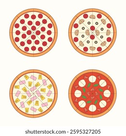 four types of full pan pizza symbol with margherita hawaiian pepperoni and pepperoni mushroom pizza, vector illustration