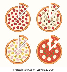 four types of full pan pizza and a sliced pizza symbol with margherita hawaiian pepperoni and pepperoni mushroom pizza, vector illustration