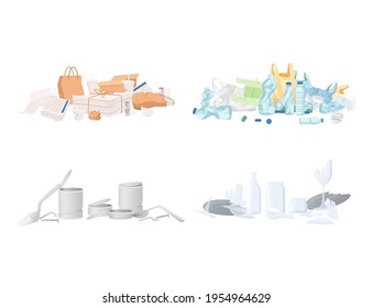 Four types of garbage paper plastic glass and metal waste vector illustration on white background