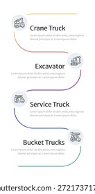 Four types of heavy machinery infographic 4 steps. Construction vehicles Utility transport. Bucket trucks, building equipment. Editable thin line icons diagram process