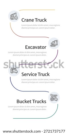 Four types of heavy machinery infographic 4 steps. Construction vehicles Utility transport. Bucket trucks, building equipment. Editable thin line icons diagram process