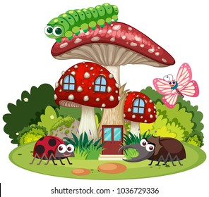 Four types of insects on mushroom house illustration