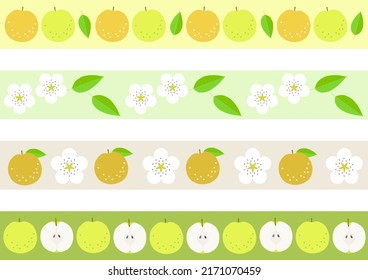 Four types of Japanese pear fruit, leaf, and flower border set