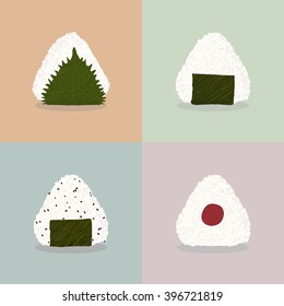 Four types of onigiri (Rice balls). Japanese cuisine. Illustration. Lunch. Onigiri with shiso leaf, nori seaweed, sesame seeds and pickled plum. Can be used as seamless pattern.