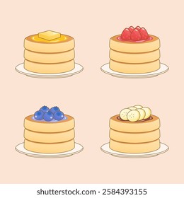 four types of pancakes with butter strawberry blueberry and banana on top, vector illustration